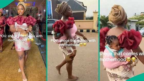 Mum who slayed to party returns barefooted with baby strapped to back: "Motherhood shege"