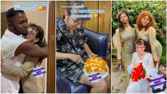 "Green card sure": Nigerian man marries old oyinbo woman, young ladies celebrate them during wedding