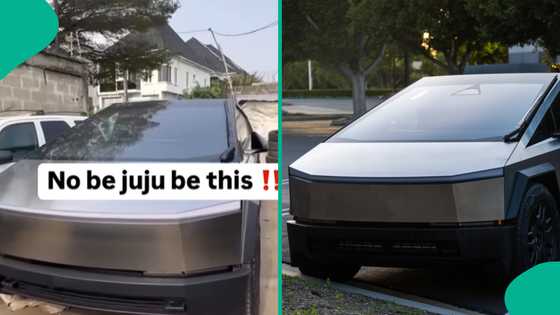 Tesla Cybertruck made by Elon Musk's company parked at mechanic workshop in Nigeria