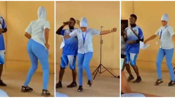 She's not joking; Nigerians react as uniformed Muslim lady in hijab 'scatters' stage with fast legwork in clip