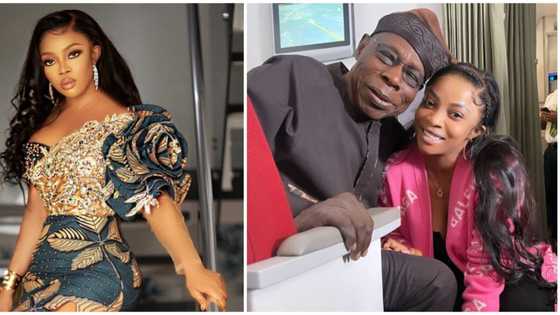 Toke Makinwa blushes hard as she meets Obasanjo on a plane, ex-president wraps arm around her in cute photos