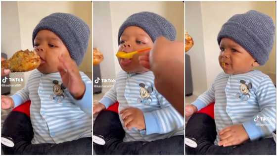"Not fair": Mother places fried chicken in front of kid's mouth, tricks boy & quickly feeds him pap