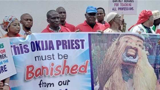 This Okija priest must be banished from universities, protesters mock Chris Ngige at NLC protest
