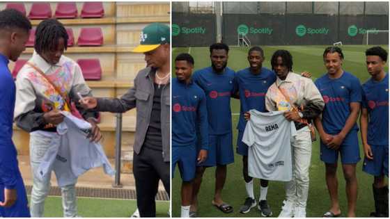 Rema links up with top Barcelona players during training calls them brothers as he gets a customised jersey