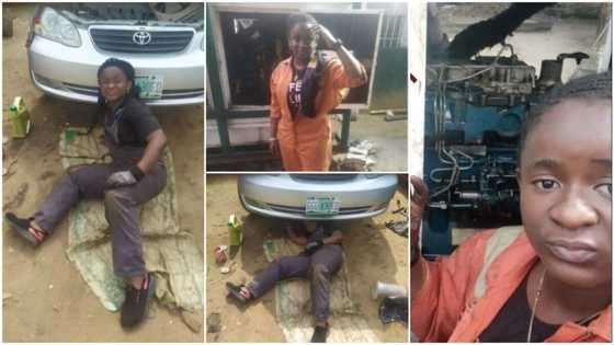 Nigerian lady shuns pride, lies on bare floor as she works as mechanic, her photos go viral