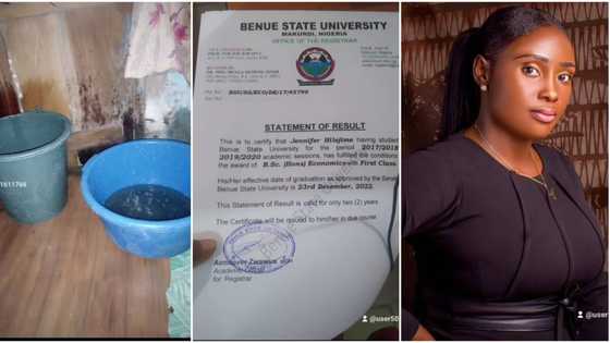 "I had only one gown in school": Nigerian lady who slept in leaking room with 2 buckets bags first class