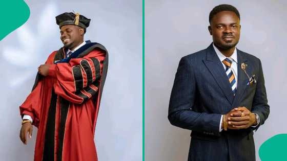 Nigerian man completes PhD, poses for photos in his graduation gown amidst well wishes