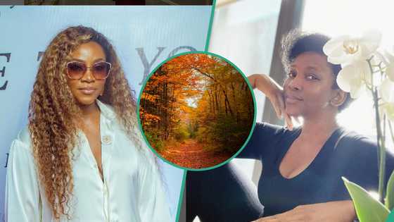 Genevieve Nnaji talks a walk in the hood, shows off beautiful autumn leaves, fans gush: "We miss u"