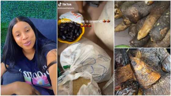 "You're lucky": Lady shows tubers of yam, dried fish, bags of food mother-in-law brought for her from village