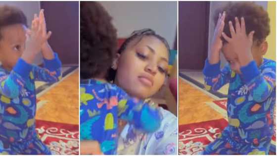 “Forgive me mama, I forgive you”: Regina Daniels' son kneels as he begs mum in cute video for spoiling toys