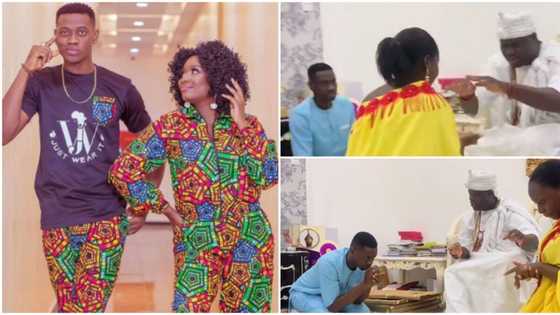 Lateef Adedimeji and Mo Bimpe receive ancestral prayers from Ooni of Ife ahead of their wedding