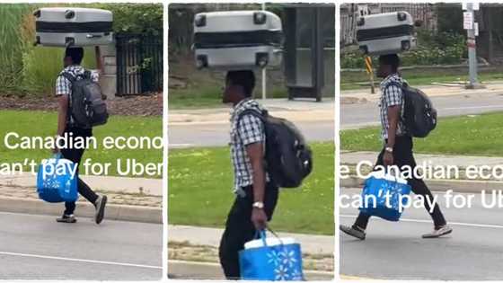 "He wants to save money": Man in Canada carries box on his head, holds his bag and crosses road like Lagosian