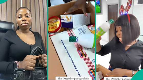 Nigerian bank worker shows plenty of items she received as Christmas bonus: “Package choke”