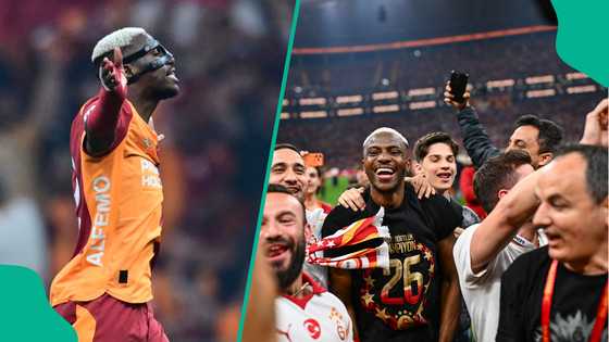Victor Osimhen reacts after scoring to help Galatasaray win 4th consecutive Turkish title