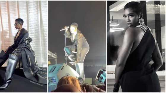Tiwa Savage sparks reactions over outfit at Afro Nation concert, removes boots on stage, video trends
