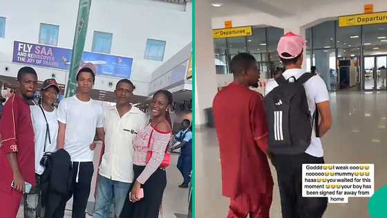 Lady weeps at airport as brother secures opportunity play football abroad after parents' death
