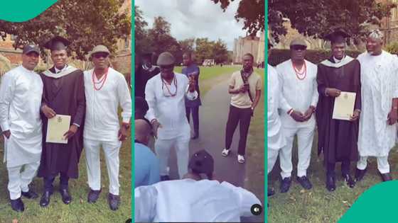 Wild reactions as video of MC Oluomo prostrating for Kwam1 at graduation of Gaji's son goes viral