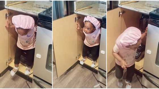 Baby girl sneaks into kitchen, enters inside cupboard as she peeps to see if mum is coming, video goes viral