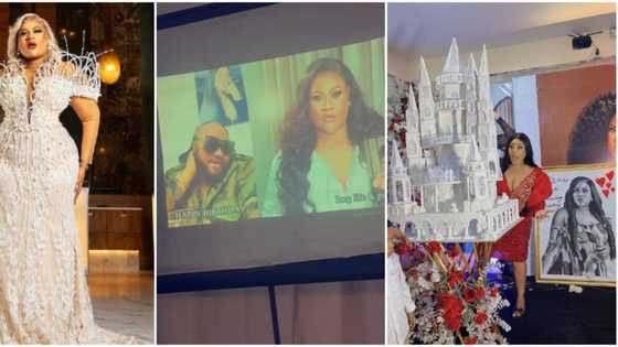 Photos, videos from Nkechi Blessing's pre-birthday surprise party, actress gets huge castle-like cake