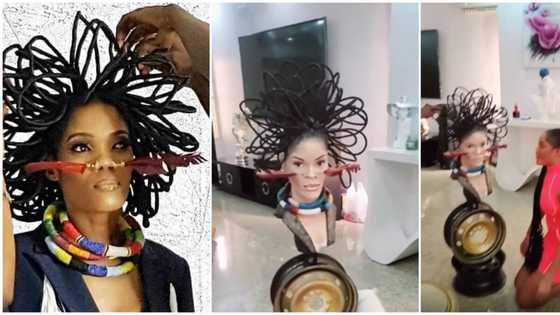 Actress Chika Lann kneels down, cries as local artisan gives her replica artwork of her viral N40 million hair