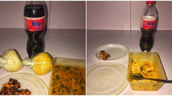 Nigerian man eats eba with fork, plantain and peanuts, photos generate huge reactions