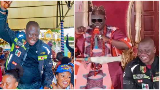 London to Lagos biker Kunle Adeyanju bags chieftaincy title as he arrives his hometown, spotted with the king
