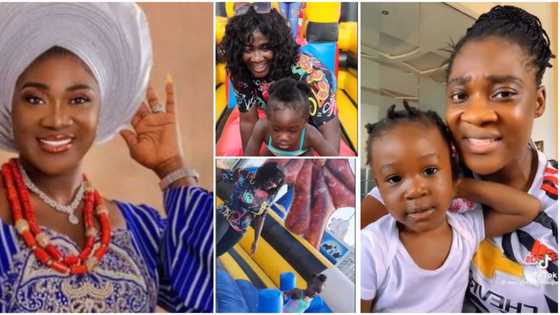 "Age is not a number": Mercy Johnson reacts as she races with her youngest daughter in bouncing castle