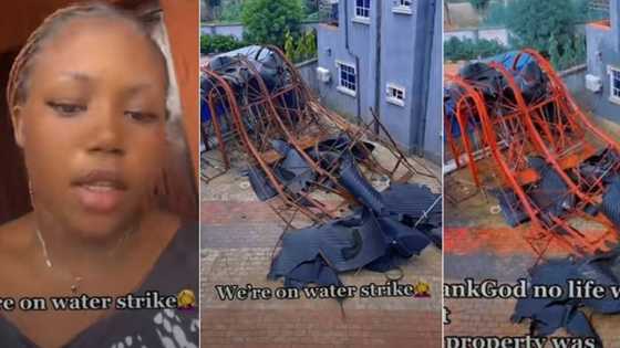 "Wetin bend the iron like that?" Nigerian lady shares video as 'borehole' collapses in her compound