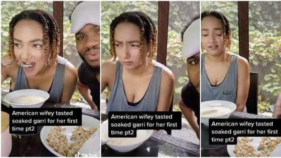 See her face: Pretty Oyinbo lady squeezes face as her Nigerian husband makes her drink garri in video