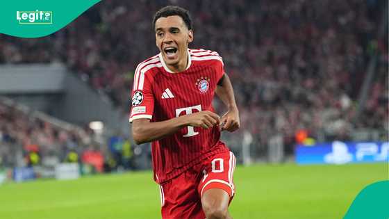 Jamal Musiala reacts after scoring his first Bayern Munich goal since neurological diagnosis