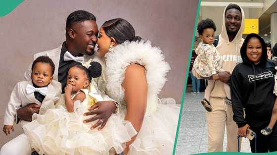 "Beautiful family": Adorable moment Adeniyi Johnson and wife with toddler twins travelled abroad