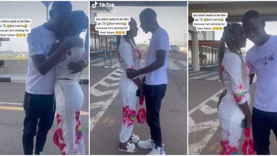 She didn't want him to go: Video shows Nigerian lady weep at airport, holds her man as he prepares to fly out