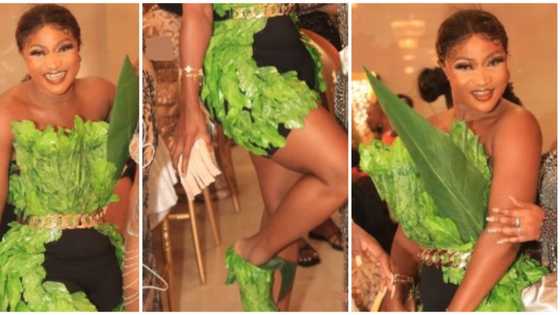 Bobrisky at 30: Designer Luminee's leafy outfit causes online stir