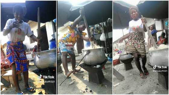 Beautiful lady dances & rolls her waist before turning fufu in big pot, video gets millions of views on TikTok
