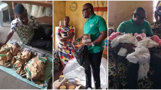 Their mum died after birth: Nigerian man visit motherless triplets, gives them N1m, emotional photos emerge
