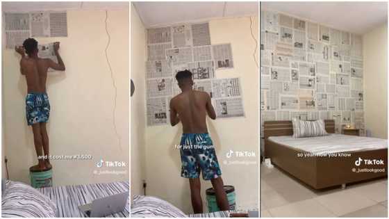 Man uses old newspapers to decorate apartment, saves money on wall paint