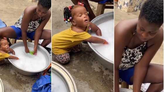 Little girl sleeps off in funny position while helping mum wash clothes, funny video goes viral