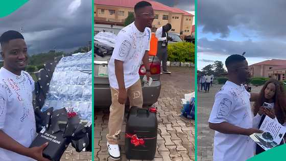 Nigerian lady gives her boyfriend 50 litres of fuel and N200k cash on sign-out day, video trends