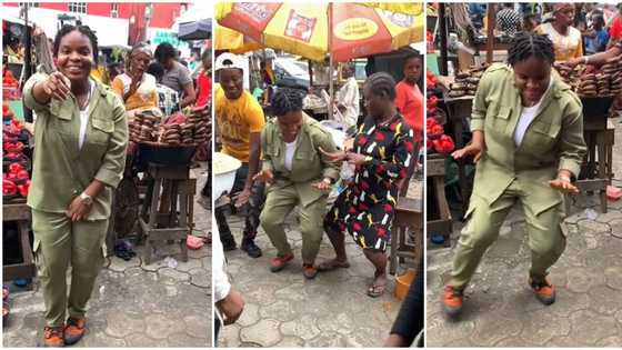 Cute lady in NYSC uniform jumps on Buga challenge inside market, traders, smoked fish seller join in video