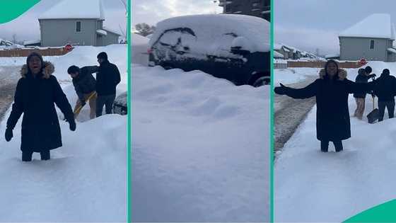 Nigerian woman who moved abroad stands in snow to sing praises to God, video melts hearts