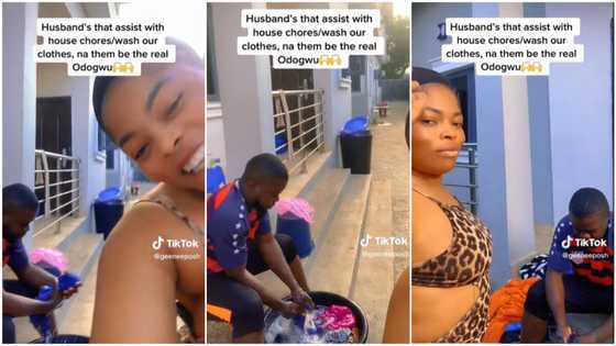 "He should buy washing machine": Wife shares video of husband washing her clothes at home, stirs reactions
