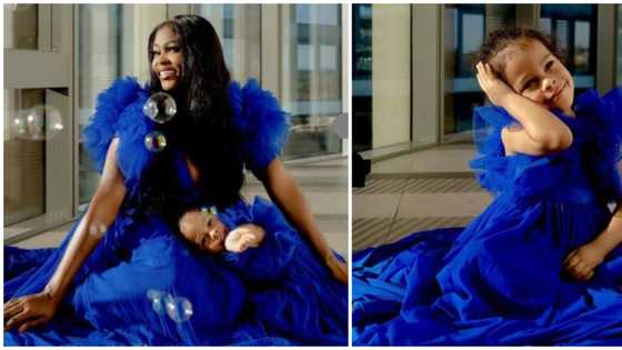 Slaying in blue: BBNaija star Ka3na matches outfit with daughter for her 3rd birthday