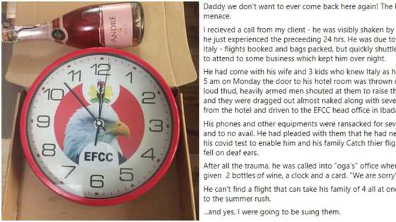 Reactions as EFCC gives man branded clock and two bottles of wine for wrongfully arresting him at hotel room
