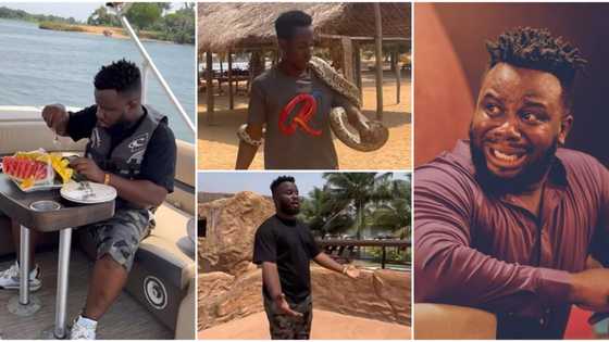 “Na rough play be this”: Sabinus refuses to hang snake on his neck during birthday vacation, shares video