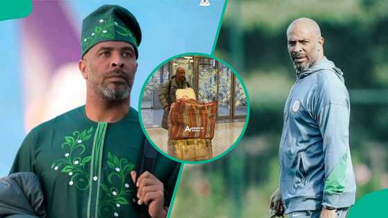 Super Eagles coach Chelle shows up in Morocco with ‘Ghana Must Go’ bags, Nigerians react