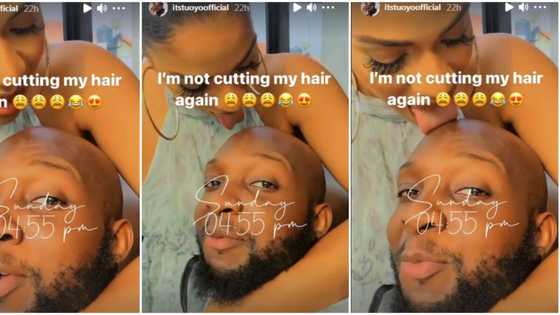 BBNaija star Venita lovingly licks Tuoyo’s bald head in new video, he vows not to cut his hair again