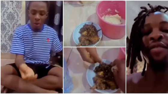 Laycon’s head don dey big: Funny reactions as BBNaija star and Joeboy bond over bowl of eba and vegetable soup