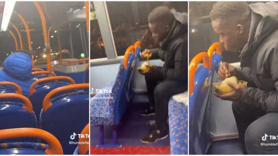 "Someone's husband abroad": Man eats swallow and soup with bare hands in UK bus, video trends on TikTok