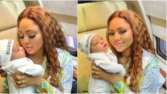 Actress Regina Daniel blushes as she shares flawless photos with her cute baby boy inside private jet