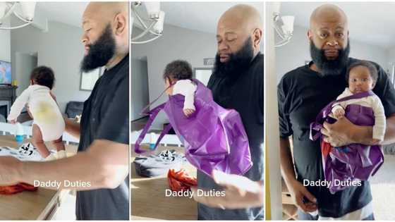 "Daddy duties": Man babysitting puts child in bag after she pooped, video of her reaction goes viral